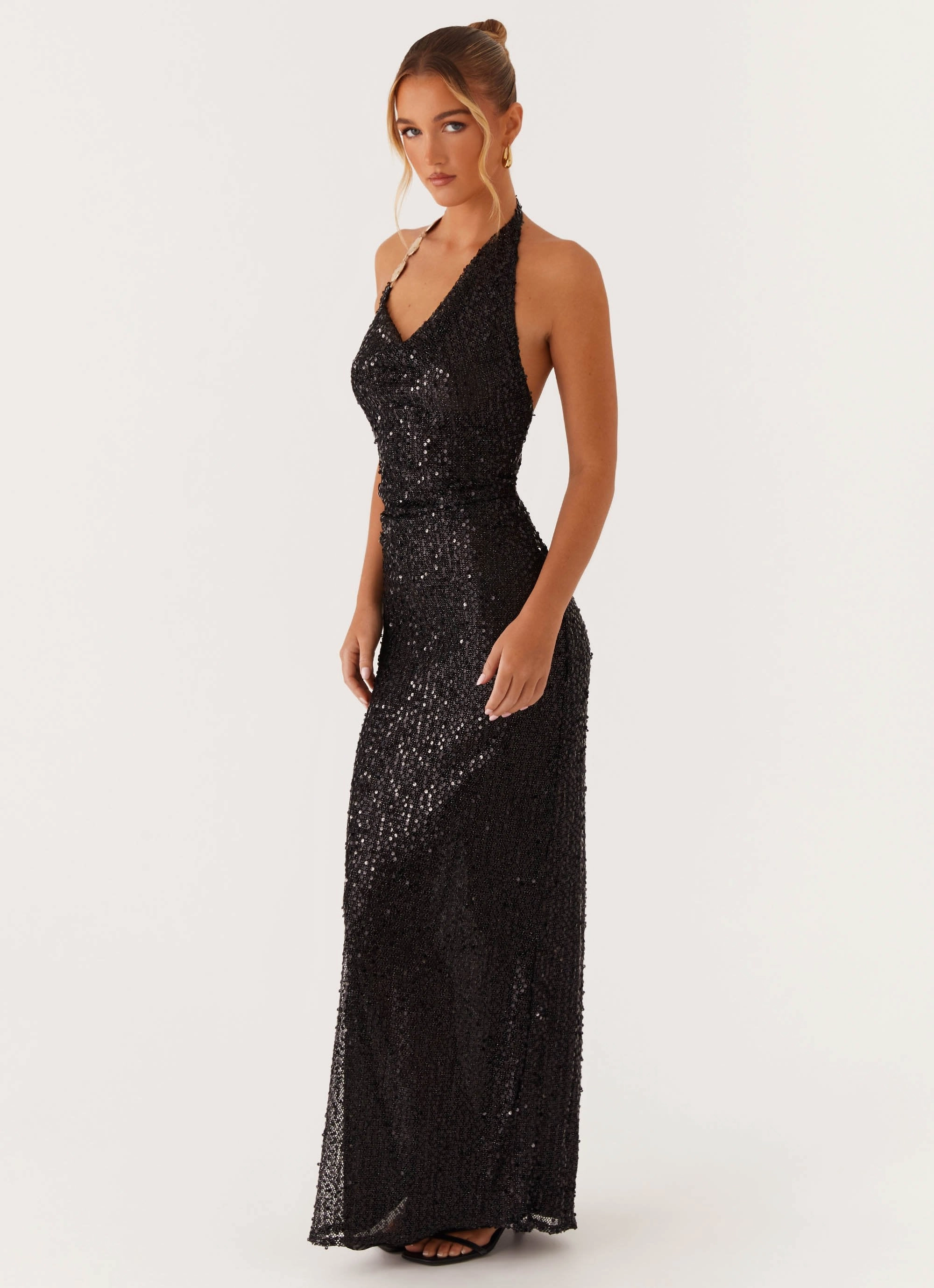 After Tonight Sequin Cowl Neck Maxi Dress - Black Understated Elegance Casual Tones
