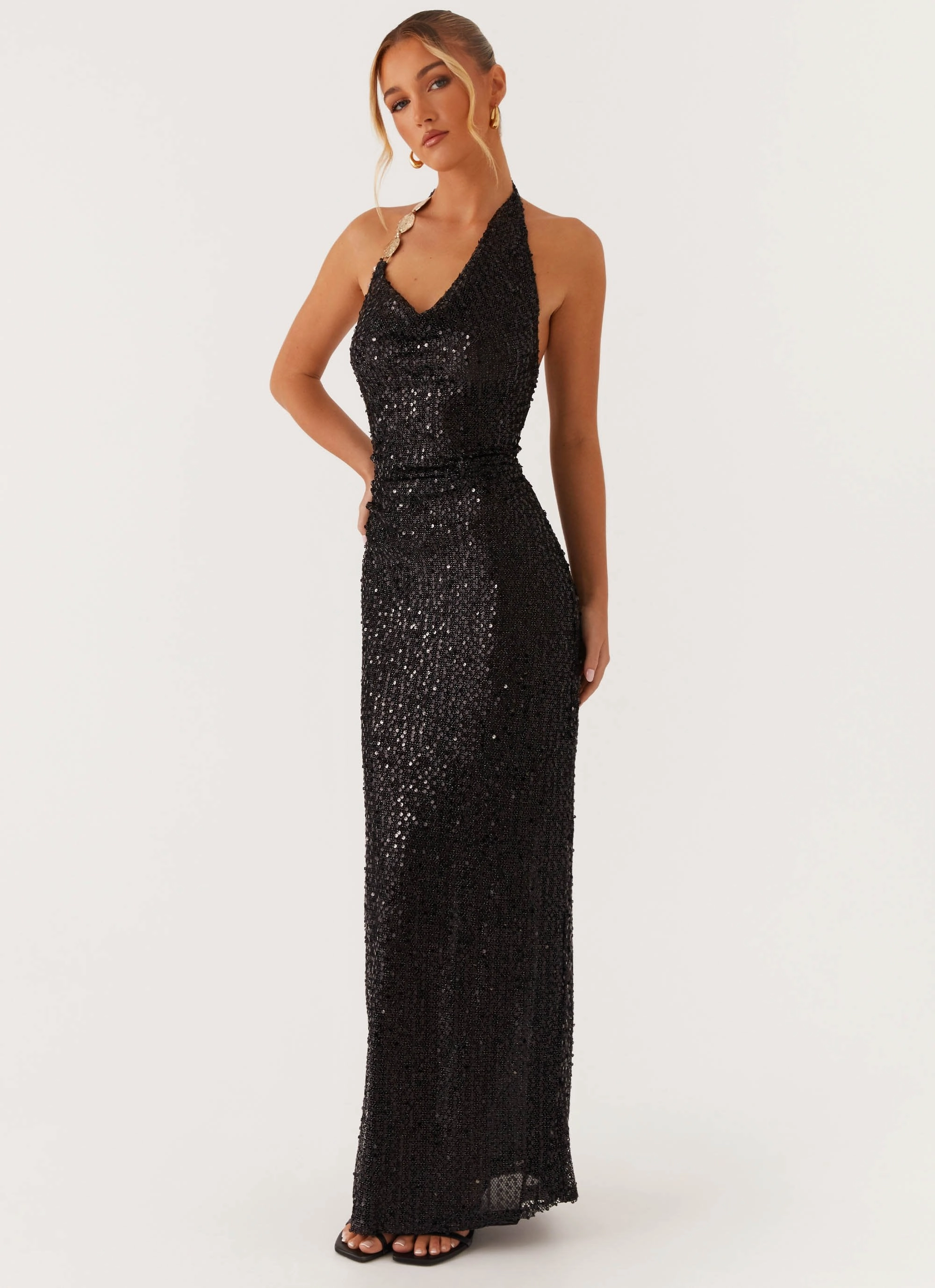 After Tonight Sequin Cowl Neck Maxi Dress - Black Summer Mood Golden Scene