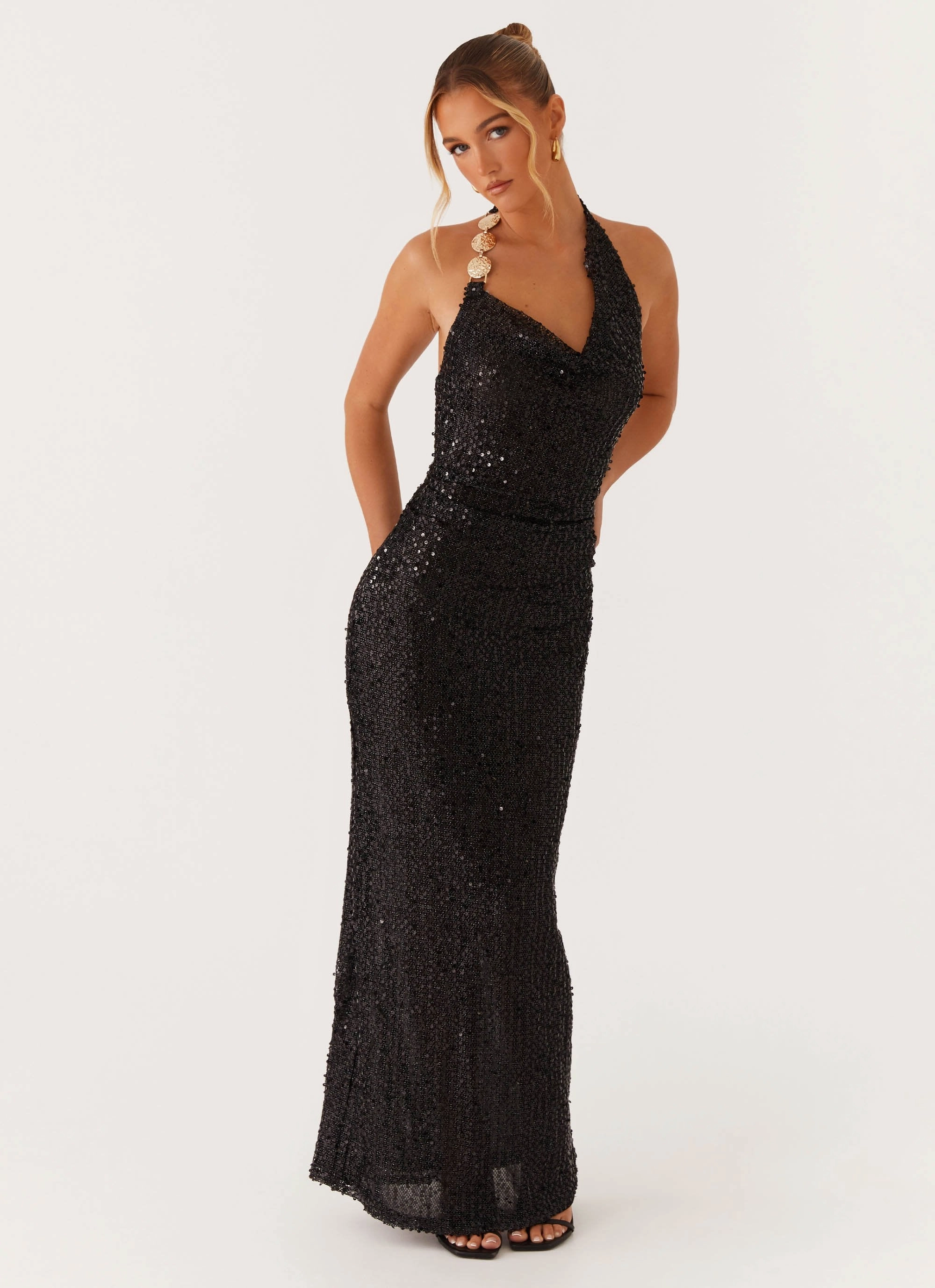 Fall Silhouette After Tonight Sequin Cowl Neck Maxi Dress - Black