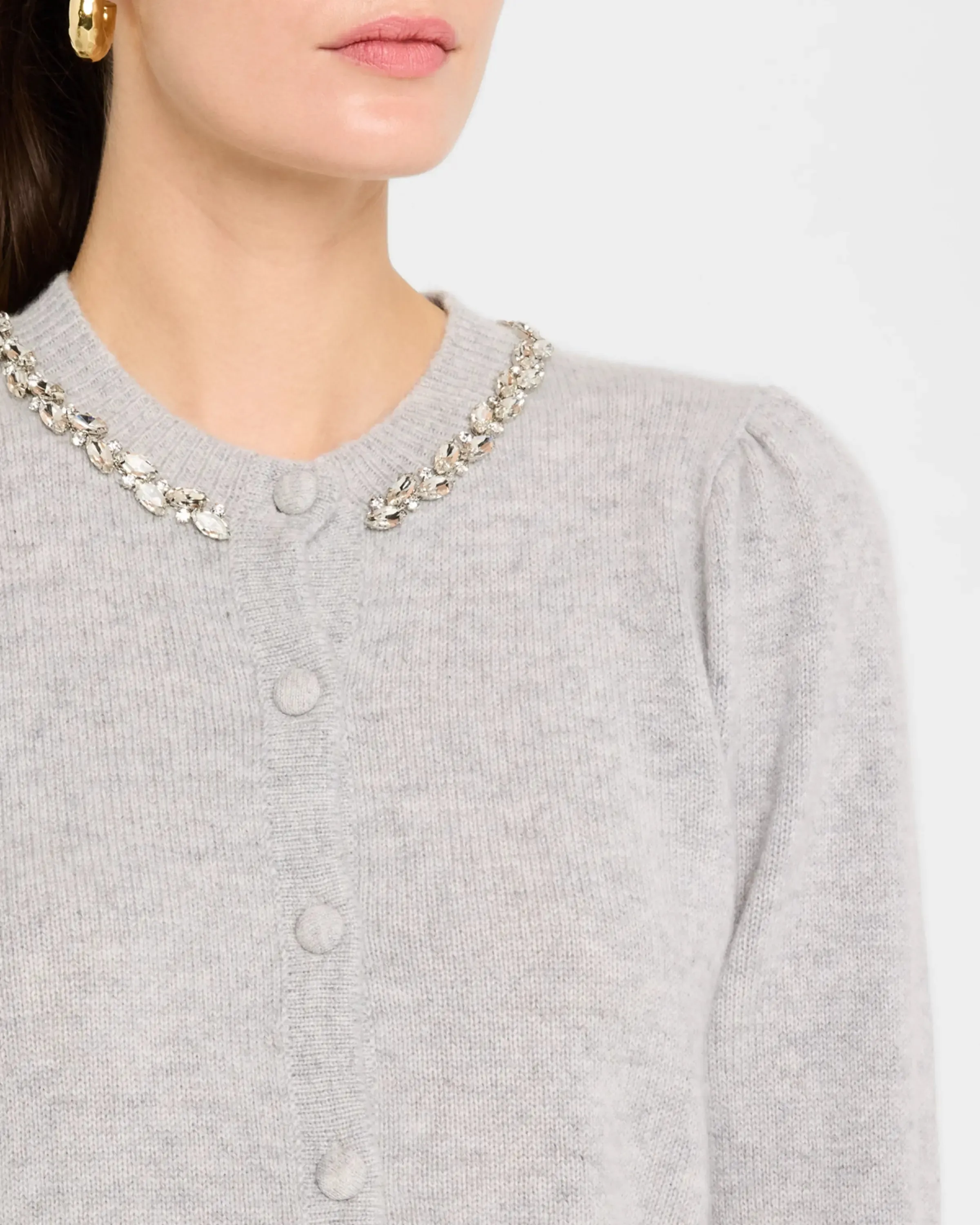 QuickRelease Closure Autumn Cashmere Rhinestone Trimmed Puff Sleeve Cardigan