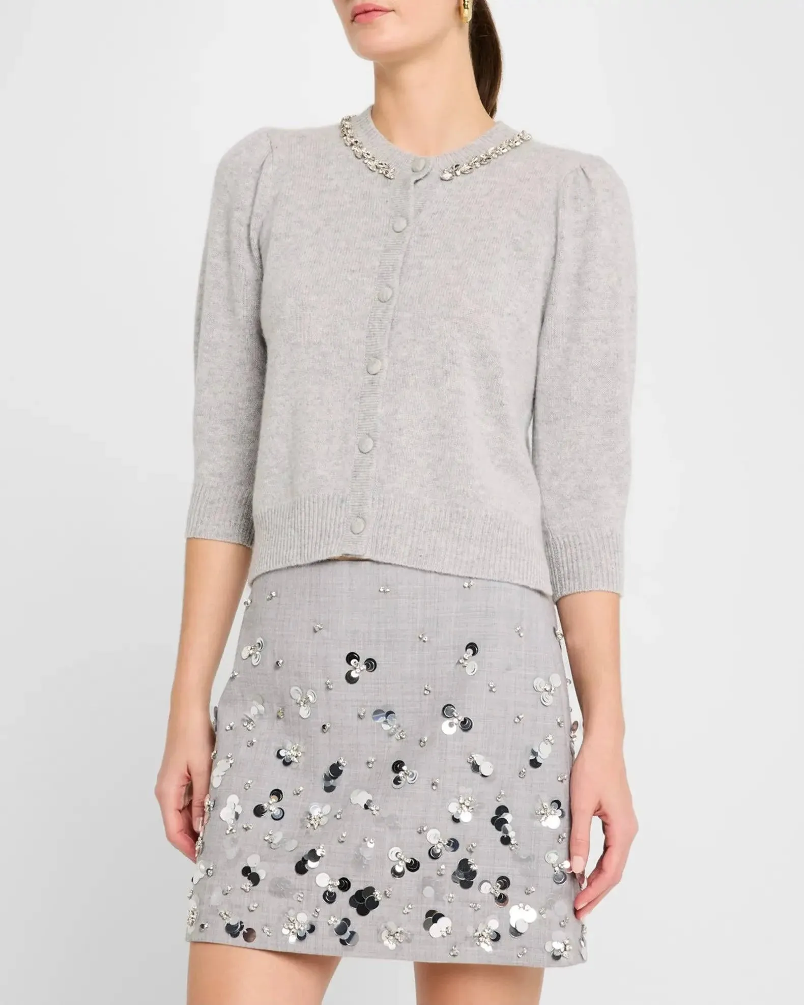 Autumn Cashmere Rhinestone Trimmed Puff Sleeve Cardigan Formal Tank Drop Shoulder Cut