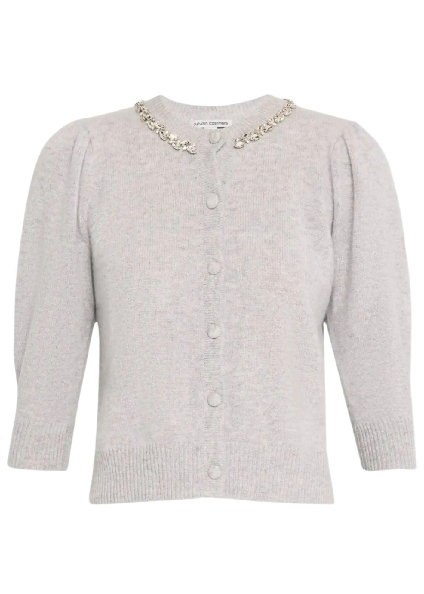 Autumn Cashmere Rhinestone Trimmed Puff Sleeve Cardigan Reinforced Stitching HighDensity Knit