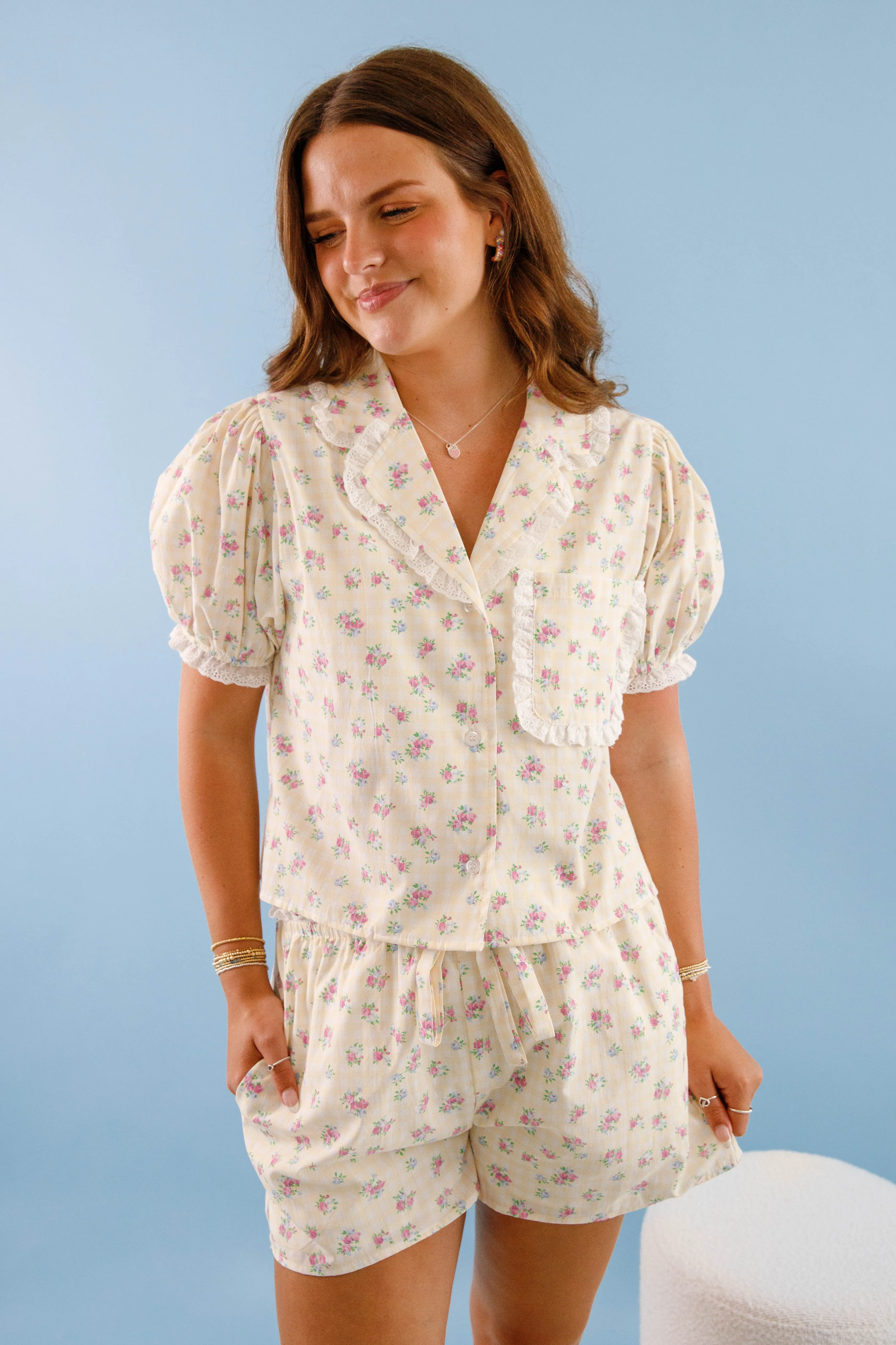 Dreaming Til Sunshine Pajama Top Stretch Knit Fabric Hydrophobic Threadwork
