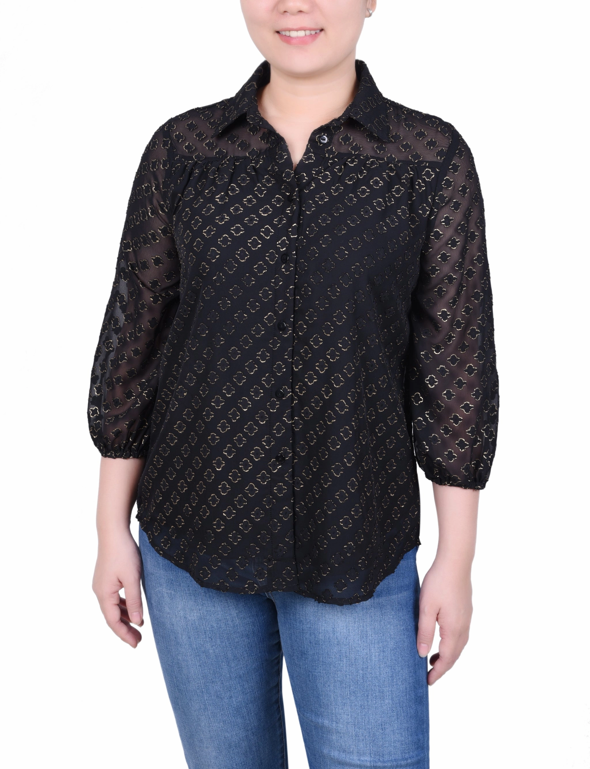 NonChafeCollarTech Petite 3/4 Sleeve Foiled Jacquard Chiffon Blouse