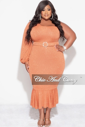 Final Sale Plus Size Shimmer One Shoulder Midi Dress with Bottom Ruffle in Rust Flexible Ribbing HypoallergenicFabric