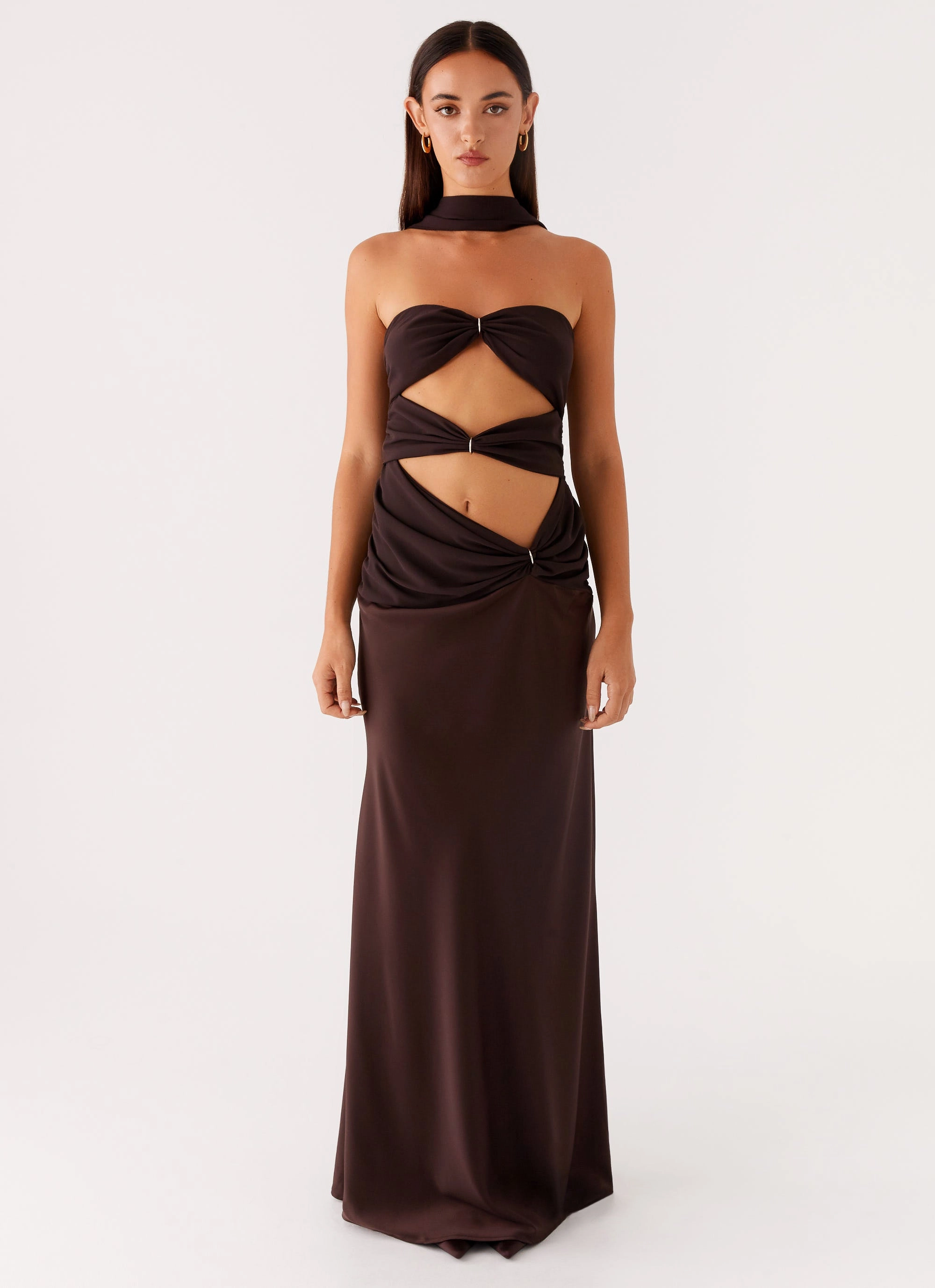 Alaine Scarf Maxi Dress - Dark Chocolate Crinkle Effect