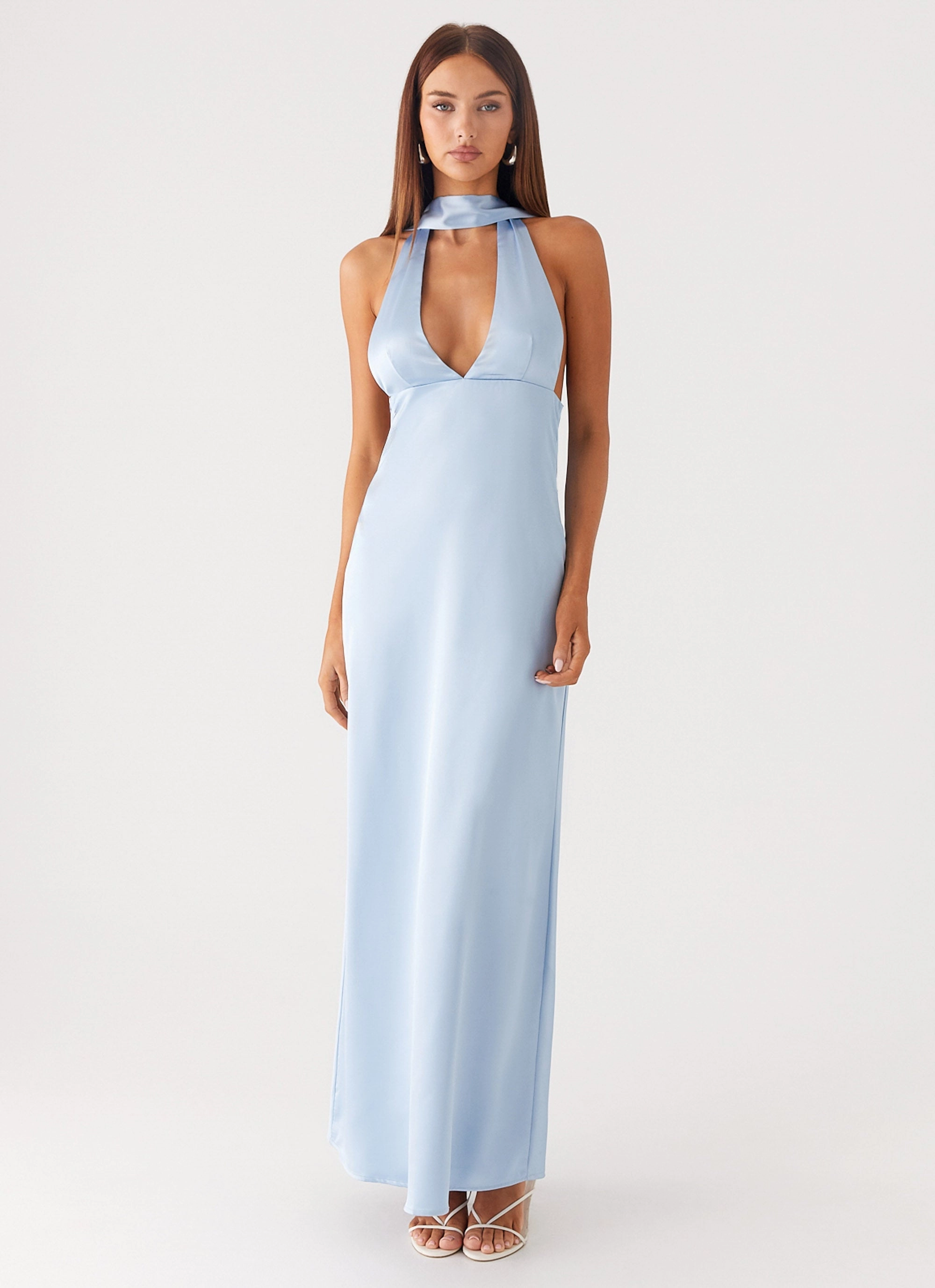 Layered Structure Fashion Tones Alicia Satin Halter Maxi Dress - Baby Blue high waisted