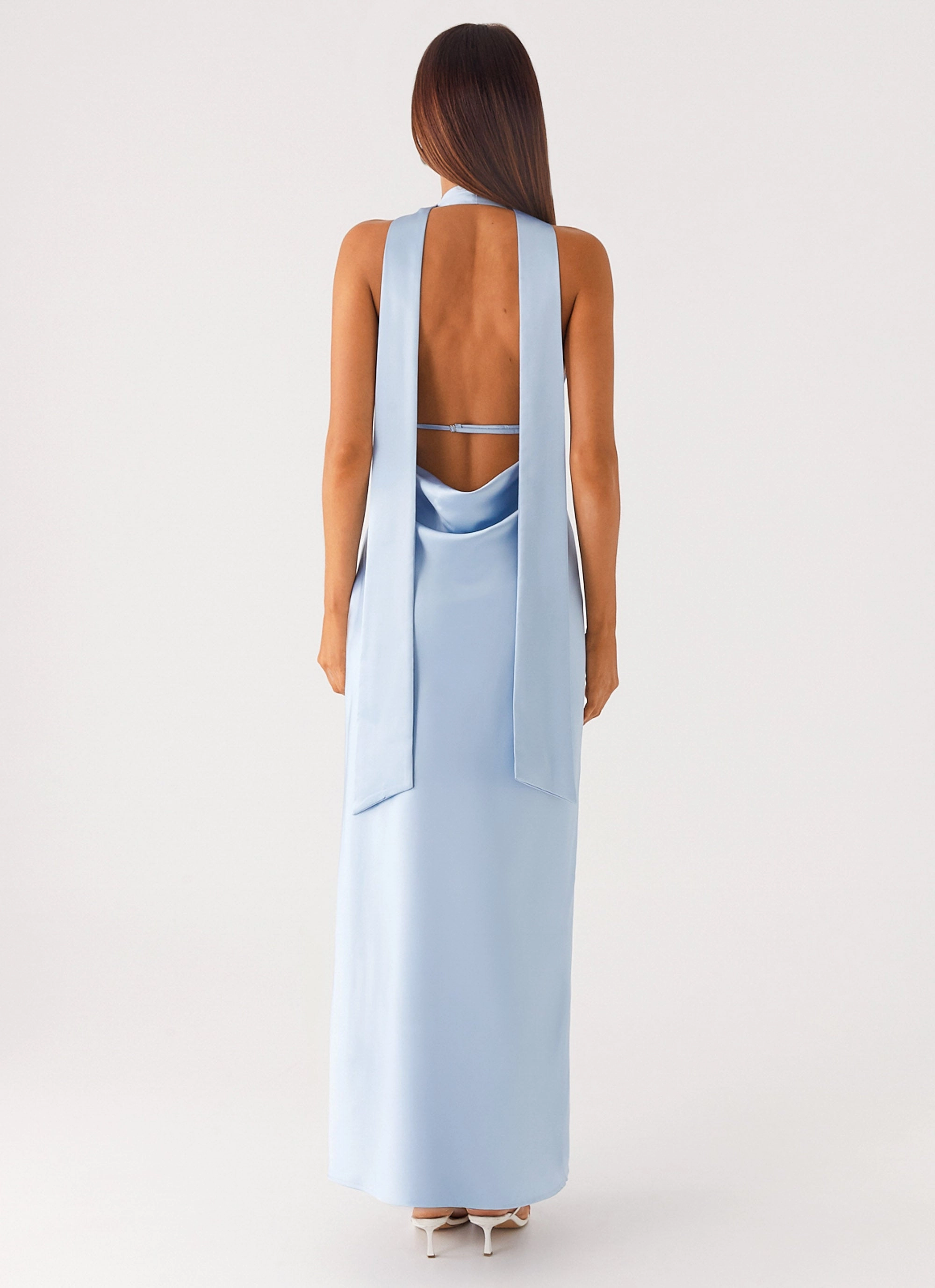 Denim style smooth zipper Alicia Satin Halter Maxi Dress - Baby Blue high waisted