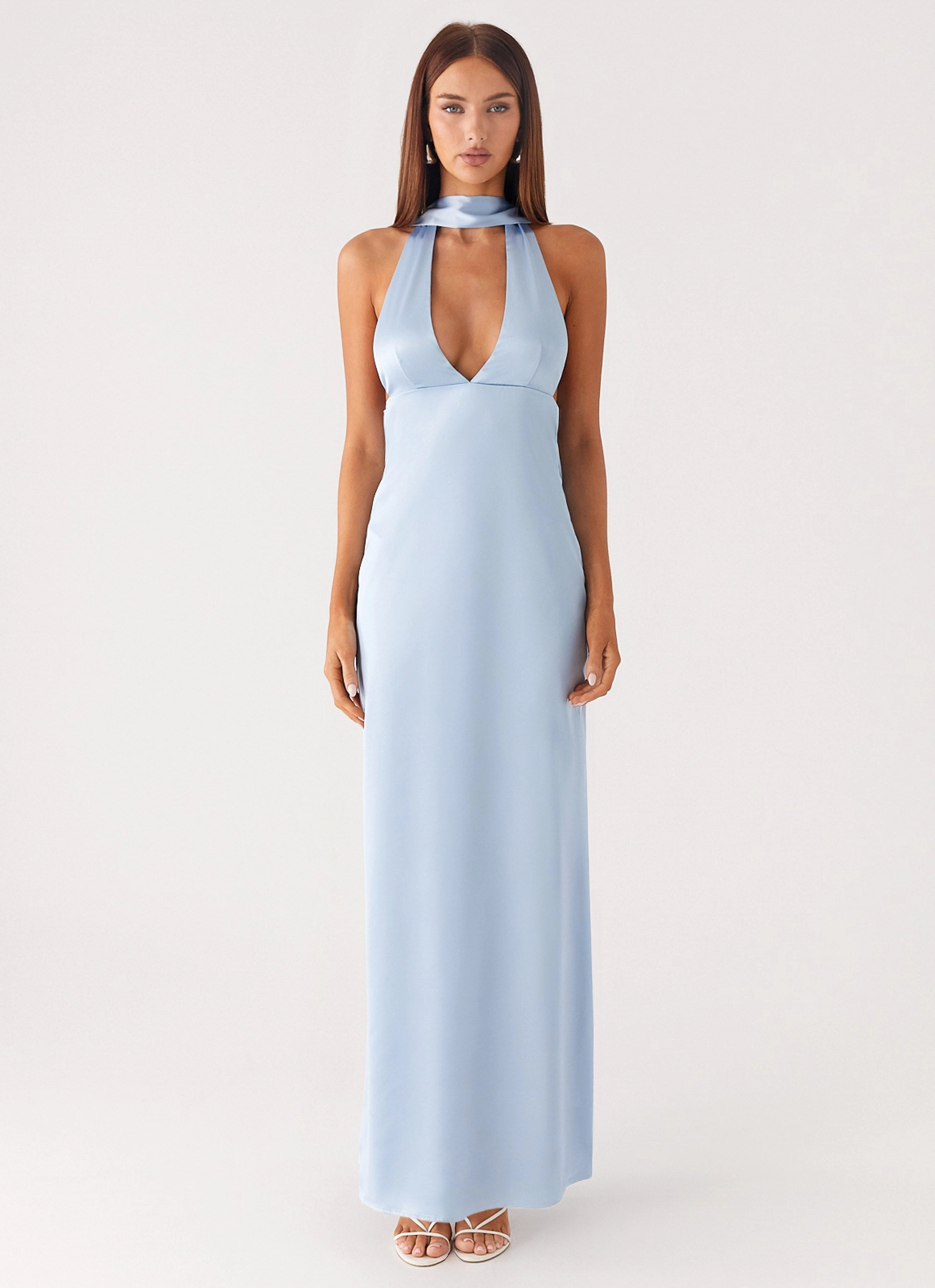 Natural Mood Alicia Satin Halter Maxi Dress - Baby Blue high waisted