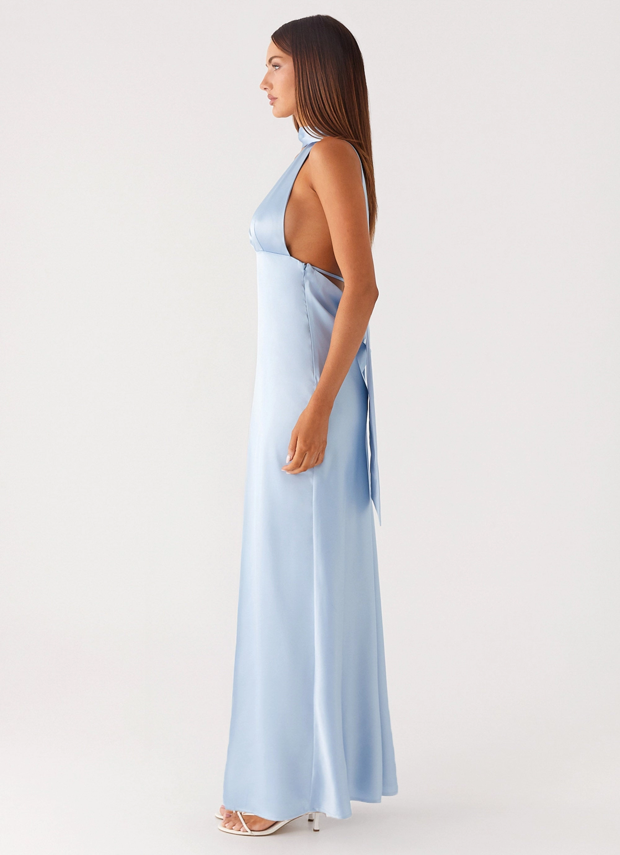 Alicia Satin Halter Maxi Dress - Baby Blue high waisted Flexible Motion