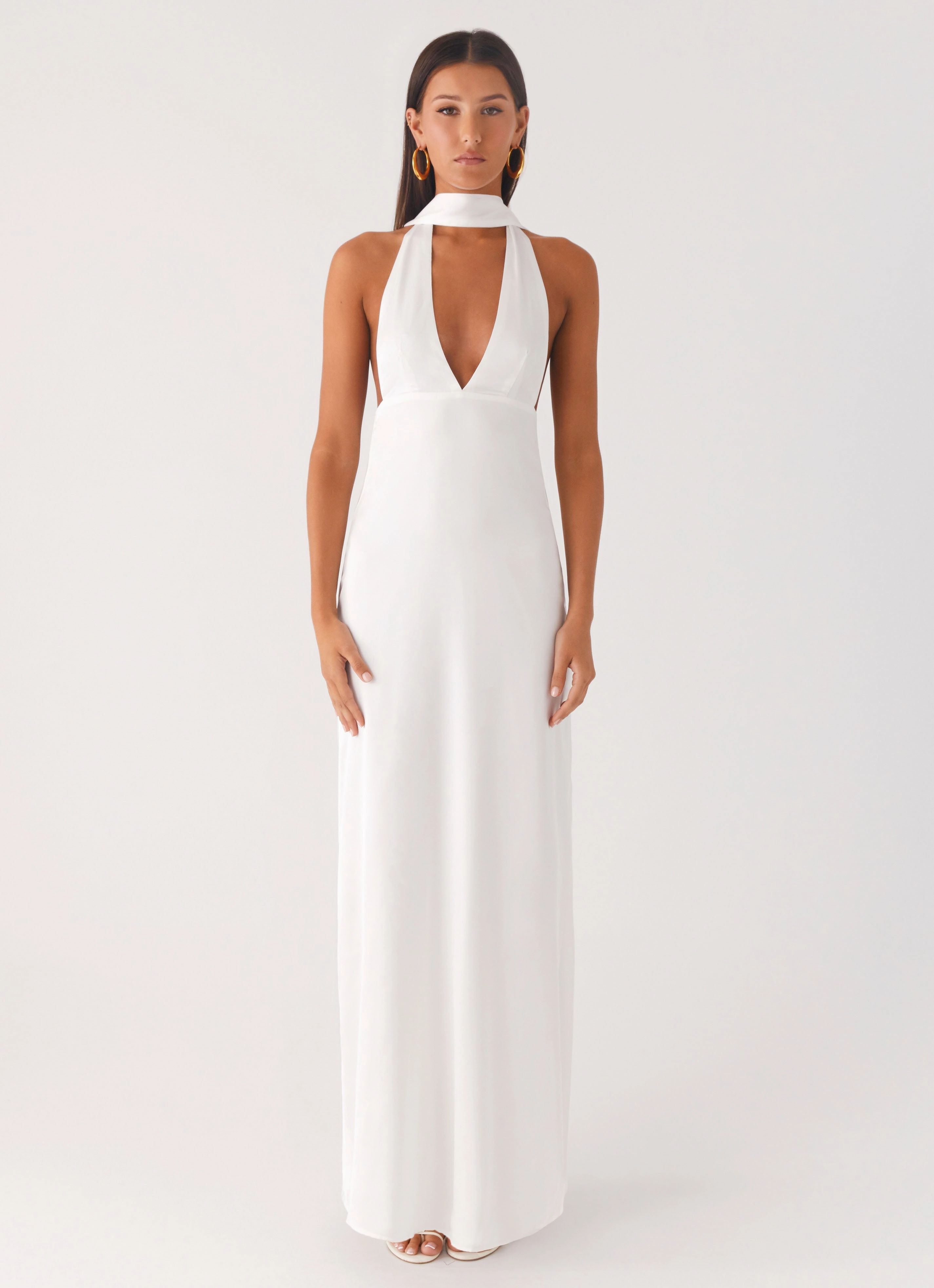 Alicia Satin Halter Maxi Dress - White Curved Seams Spring Must Have Outfit Flow