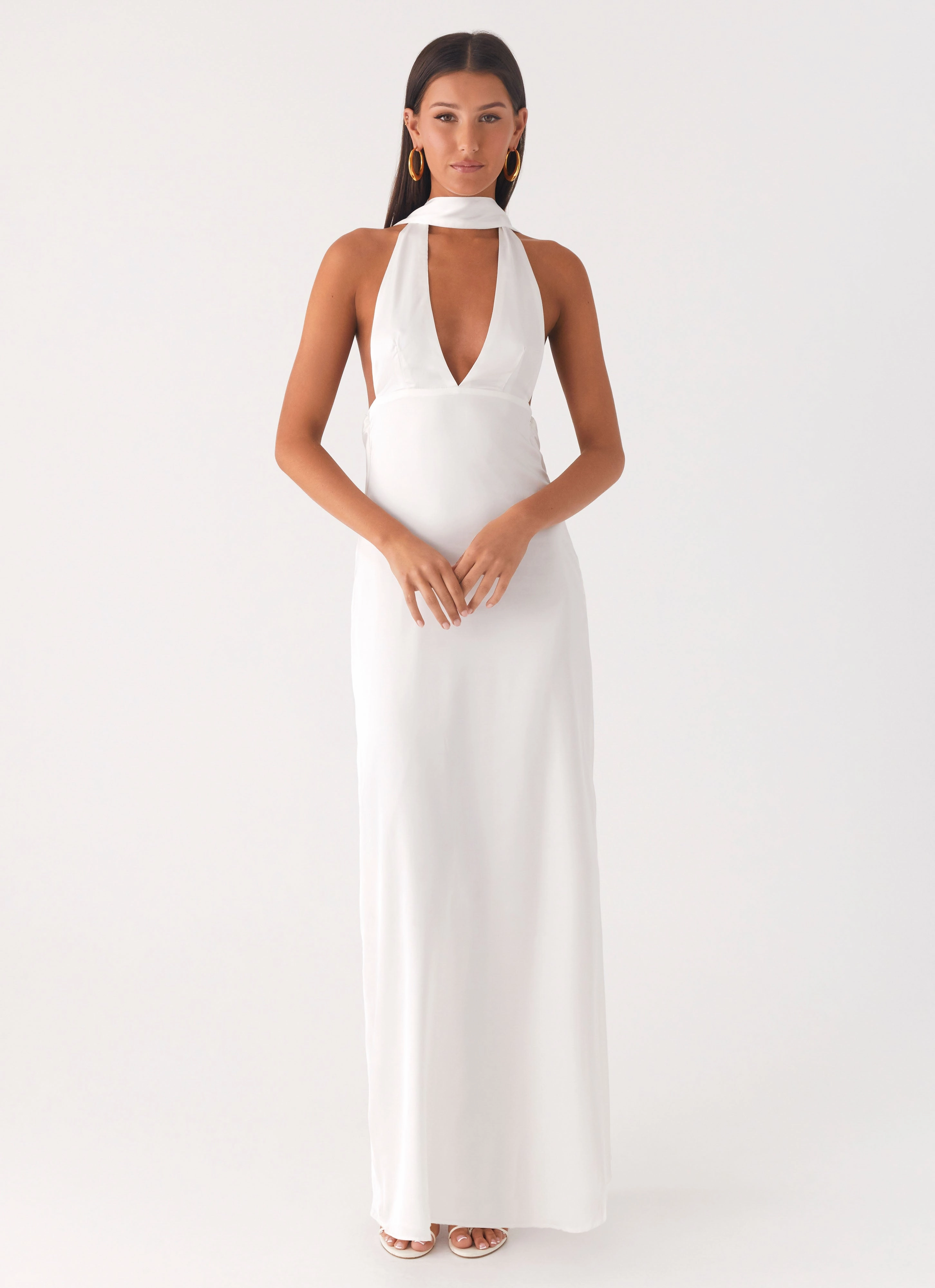 Creative Layering Family Celebration Alicia Satin Halter Maxi Dress - White Curved Seams