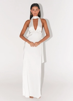 Alicia Satin Halter Maxi Dress - White Curved Seams Pull On Style Eco Friendly