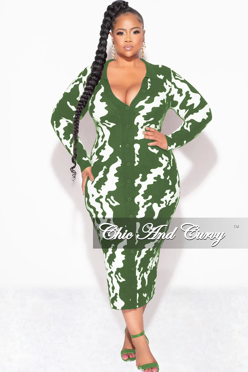 Final Sale Plus Size Button Up Midi Sweater Dress in Olive and Off White Design Print Minimal Stretch Fit Slim Fit Design