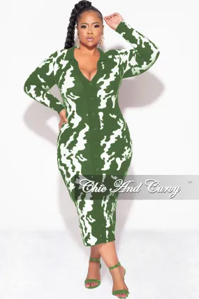 Final Sale Plus Size Button Up Midi Sweater Dress in Olive and Off White Design Print Streetwear vibe
