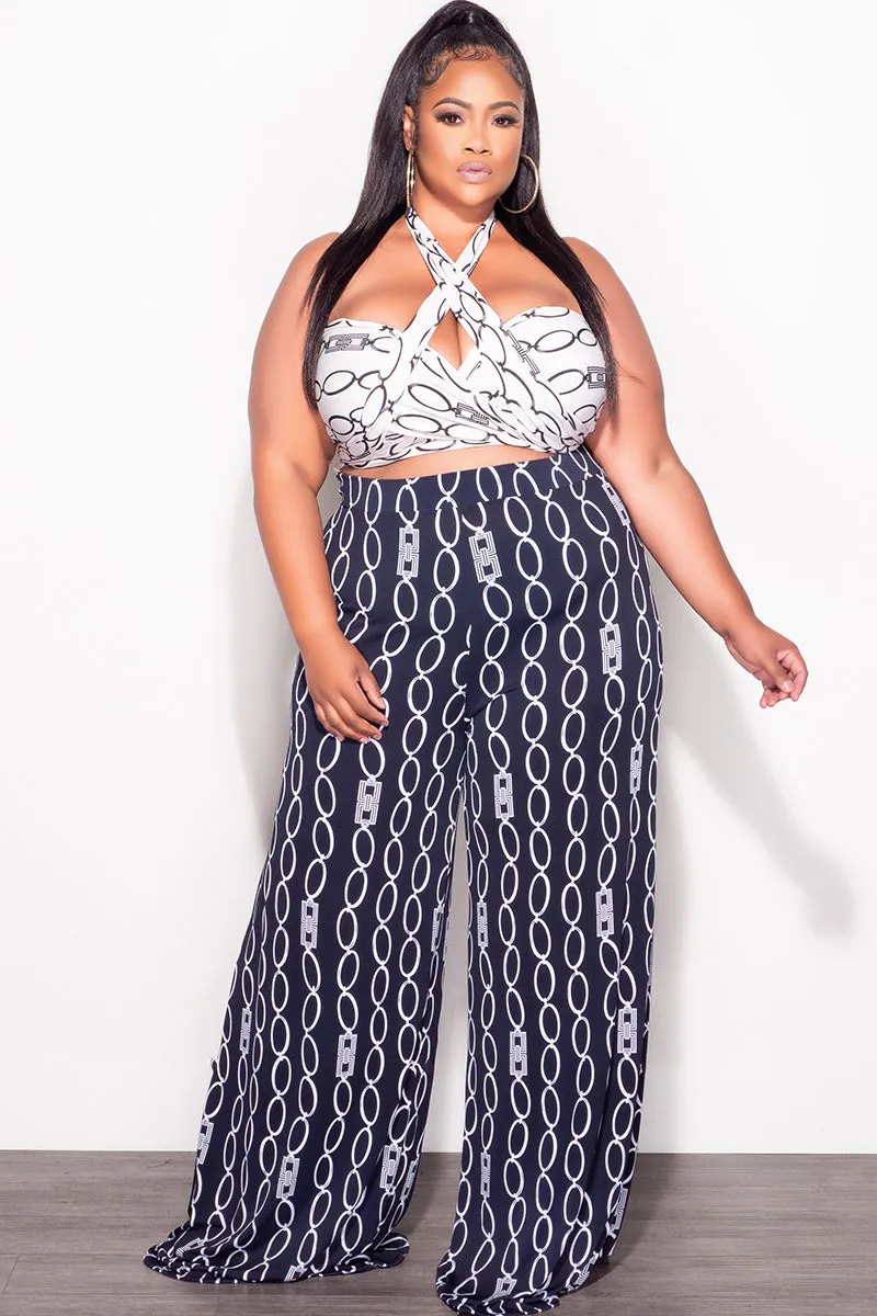Stylish Appearance Final Sale Plus Size 2pc Set Black & White Self Tie Top & Pants in Navy & White Chain Print