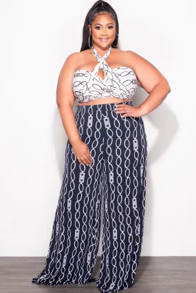 Final Sale Plus Size 2pc Set Black & White Self Tie Top & Pants in Navy & White Chain Print Air Comfort