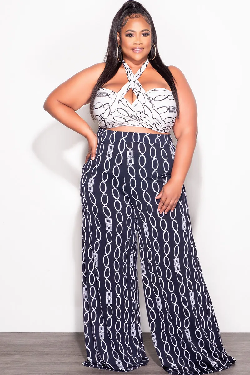 Final Sale Plus Size 2pc Set Black & White Self Tie Top & Pants in Navy & White Chain Print Sleek lines Abrasion Resistant Panels