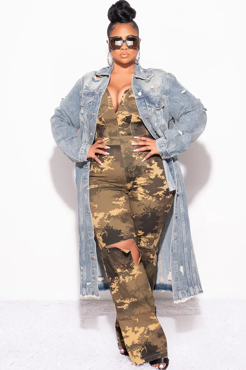 Final Sale Plus Size Distressed Duster Jacket in Medium Denim Quick Comfort Fit