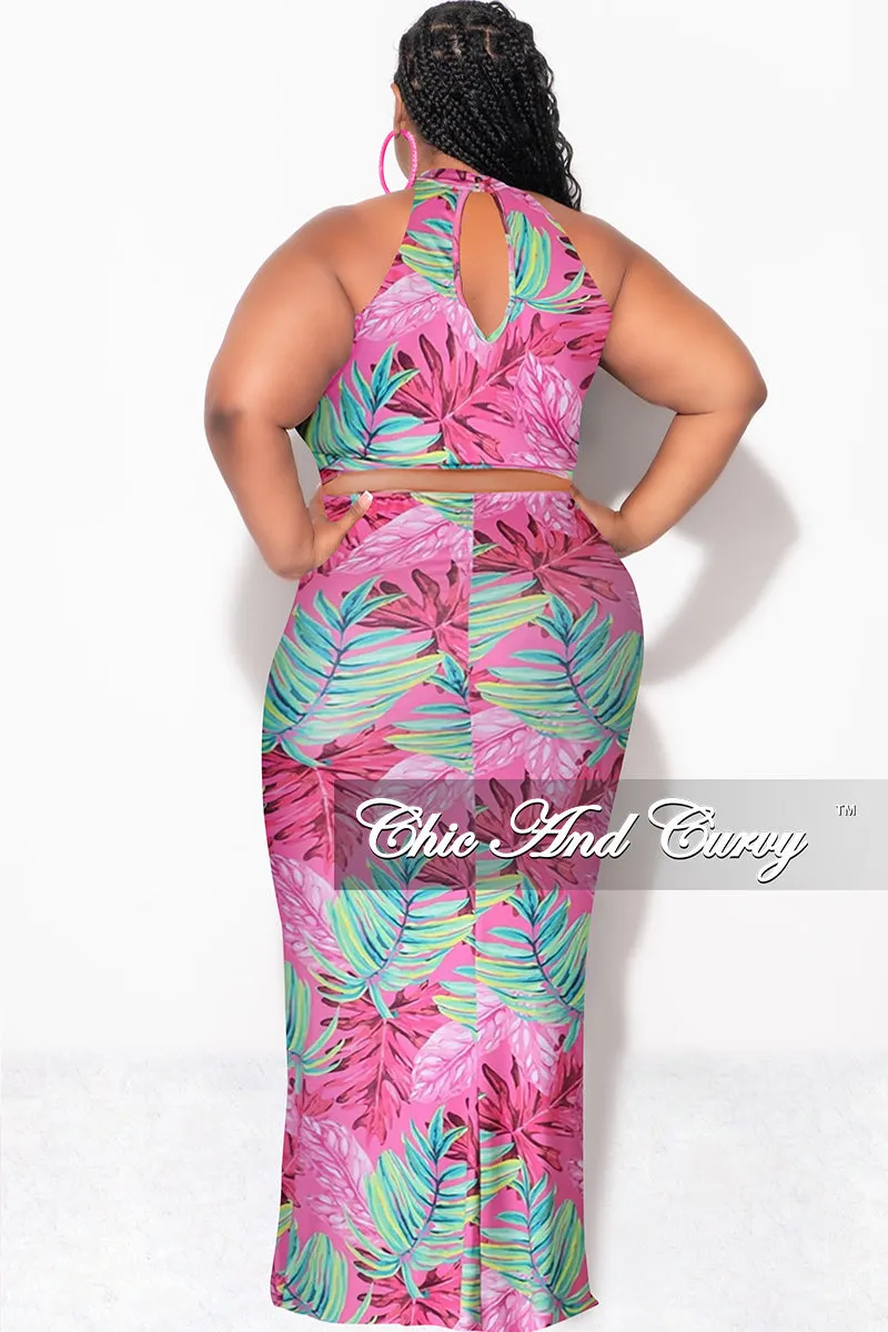 Tall Length Final Sale Plus Size Halter Neck Sleeveless Mermaid Dress in Pink and Green Leaf Print