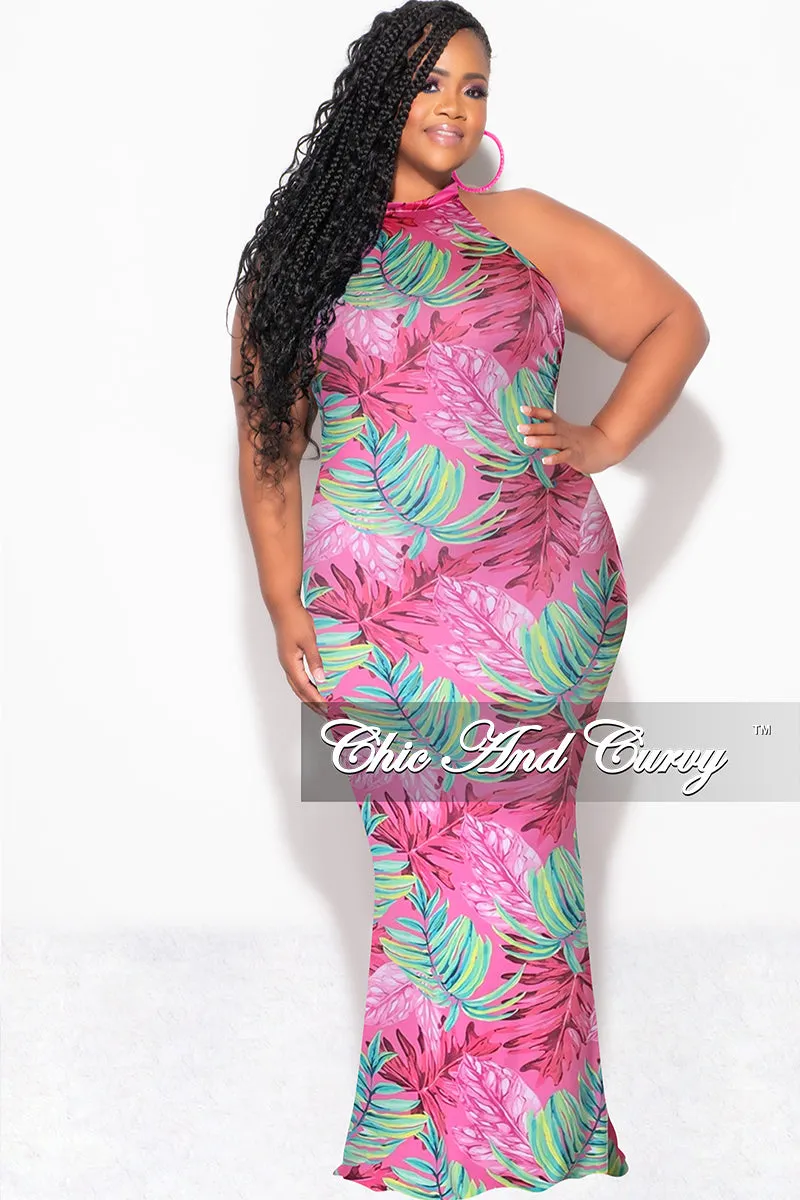 NonChafingLegs Recycled Polyester Blend Final Sale Plus Size Halter Neck Sleeveless Mermaid Dress in Pink and Green Leaf Print