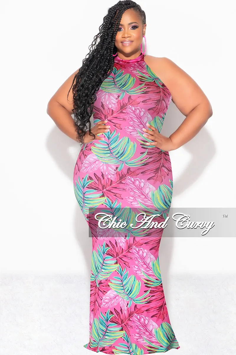 Final Sale Plus Size Halter Neck Sleeveless Mermaid Dress in Pink and Green Leaf Print High Density Weave