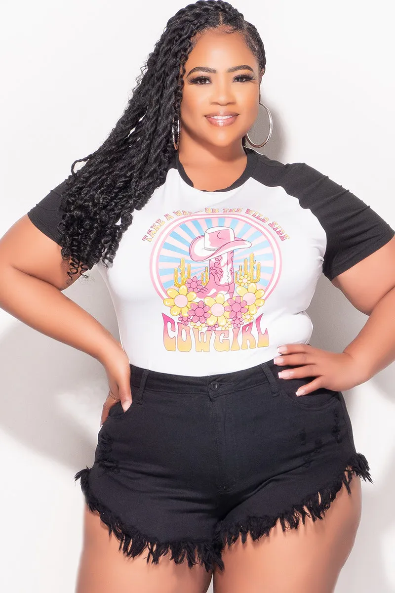 Smart Stretch Final Sale Plus Size "Take A Walk On The Wild Side Cowgirl" Graphic Top in White and Black