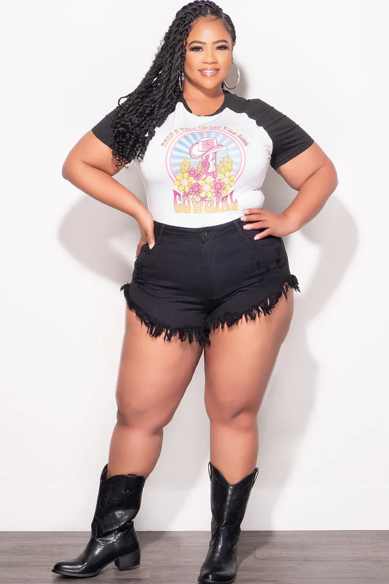Final Sale Plus Size "Take A Walk On The Wild Side Cowgirl" Graphic Top in White and Black Sporty Vibe Wind Resistance