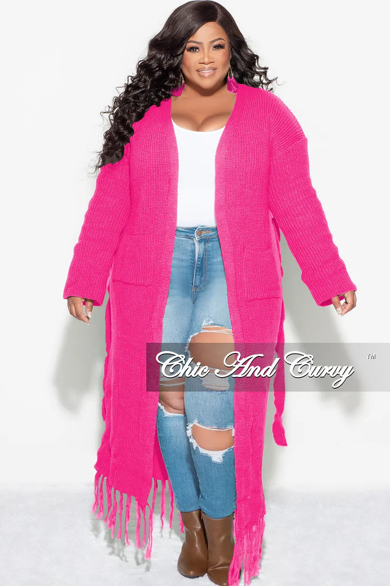 Stretchable Design Commuter Fit Final Sale Plus Size Crochet Cardigan with Tie and Fringe Bottom in Hot Pink
