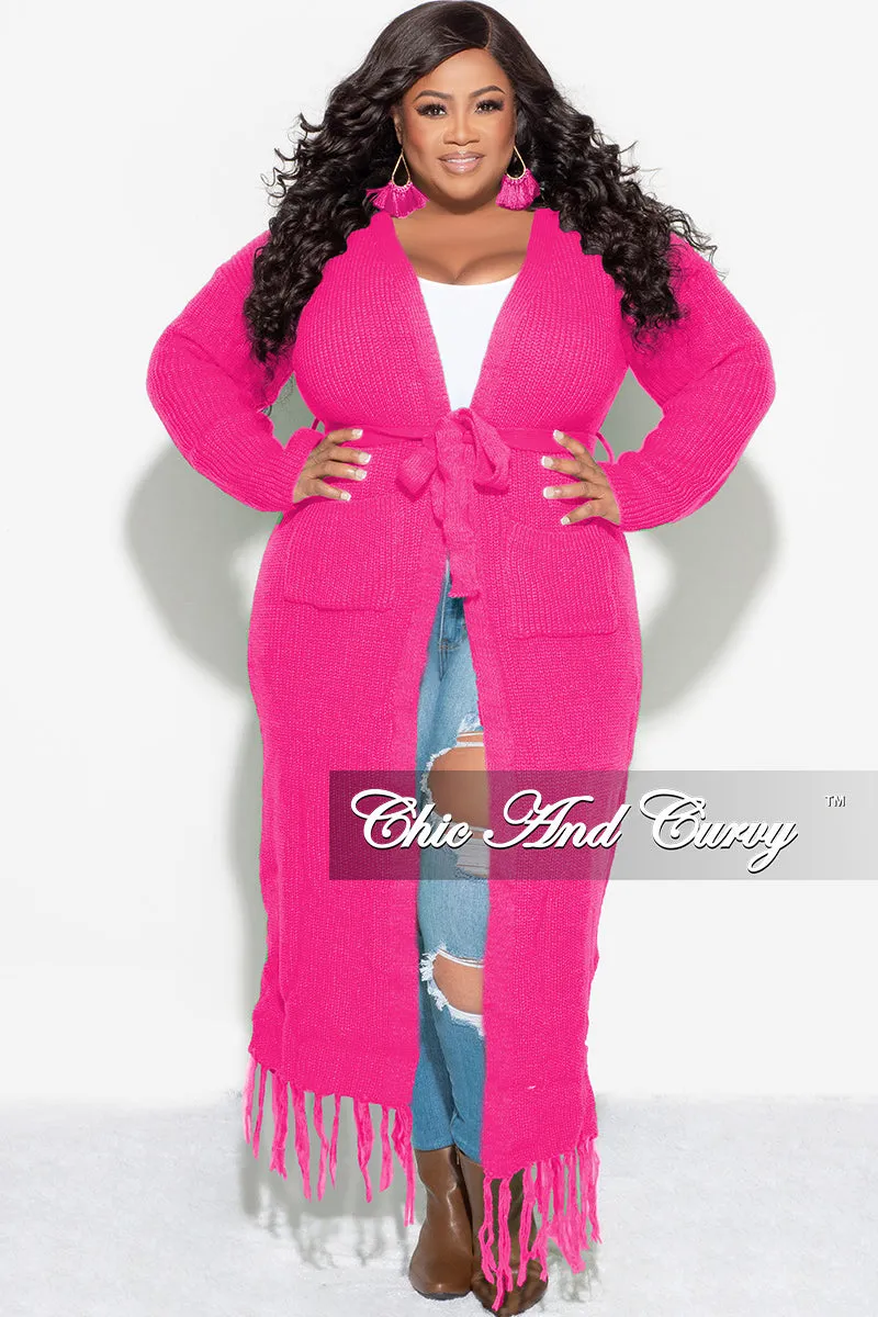 MultiPocket Timeless Comfort Wear Final Sale Plus Size Crochet Cardigan with Tie and Fringe Bottom in Hot Pink