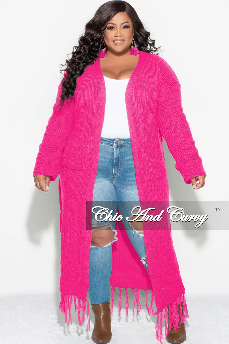 Final Sale Plus Size Crochet Cardigan with Tie and Fringe Bottom in Hot Pink Denim finish