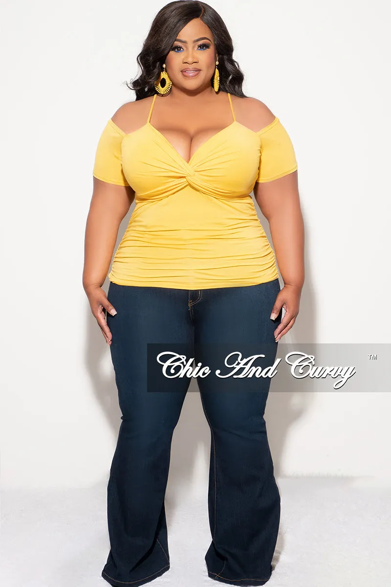 Flexible Gusset Flat Lock Stitching Final Sale Plus Size Cold Shoulder Top in Mustard Yellow