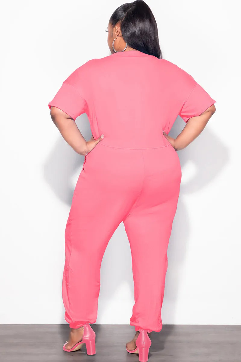 Final Sale Plus Size Harem Jumpsuit in Pink Comfy Active Basic Stretch