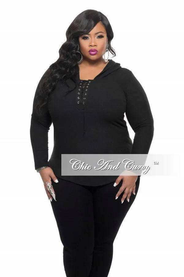 Final Sale Plus Size Lace Up Top with Long Sleeves in Black Stretchy Material