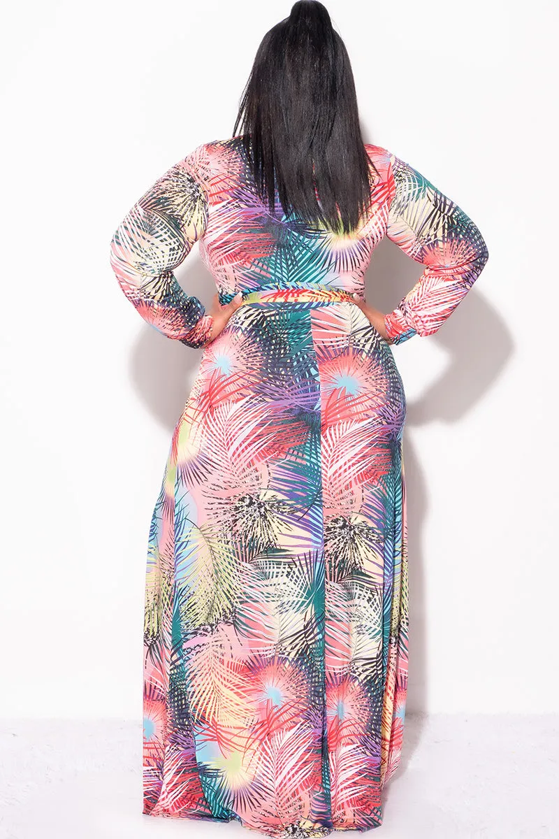 Final Sale Plus Size Faux Wrap Dress with Tie and High Slit in Palm Multi Color Design Print Sport Friendly Snag Resistant Fabric