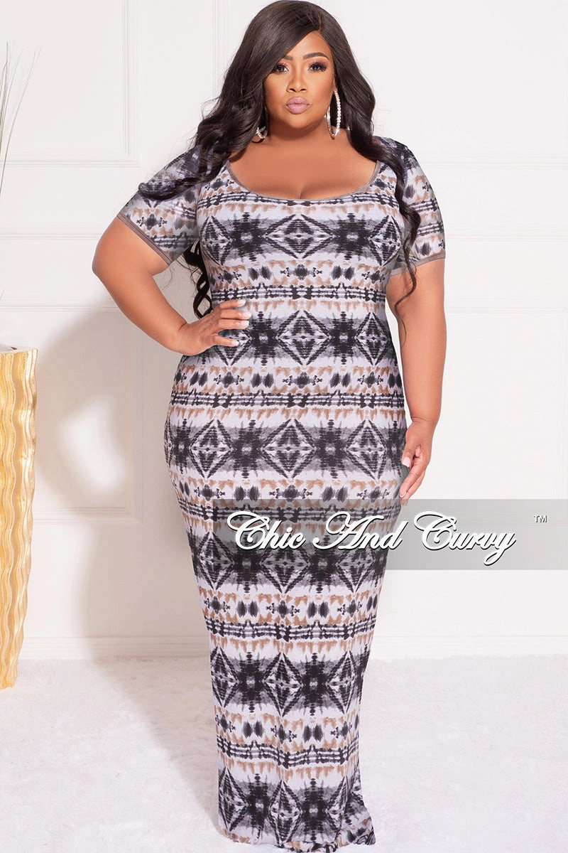 Body Sculpting Final Sale Plus Size Short Sleeve Deep Scoop Neck Maxi Dress in Black, Tan and White Design Print
