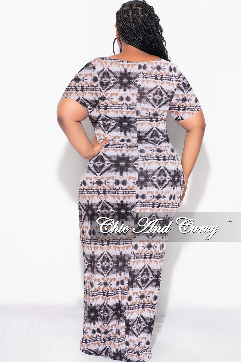 Twill Weave Texture Functional Waist Final Sale Plus Size Short Sleeve Deep Scoop Neck Maxi Dress in Black, Tan and White Design Print
