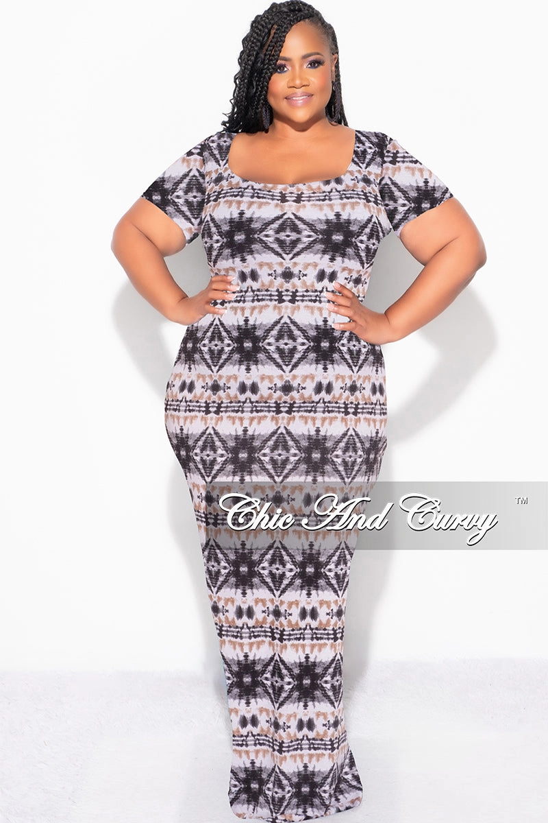 Final Sale Plus Size Short Sleeve Deep Scoop Neck Maxi Dress in Black, Tan and White Design Print Non Restrictive