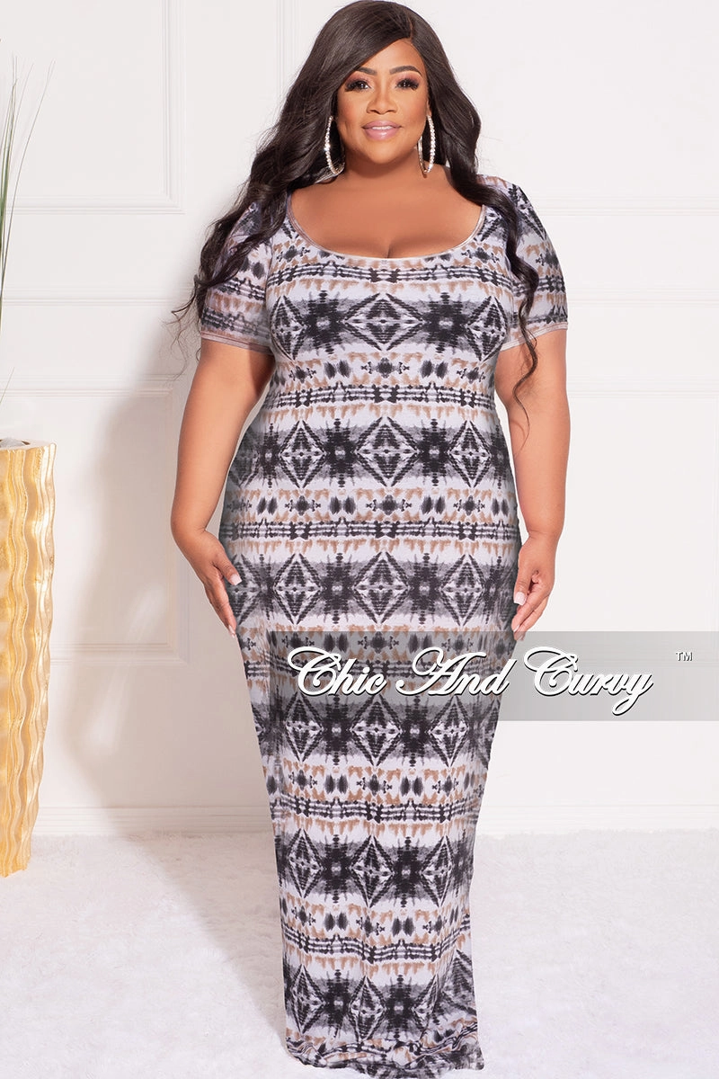 Final Sale Plus Size Short Sleeve Deep Scoop Neck Maxi Dress in Black, Tan and White Design Print Non Slip Waist Grip
