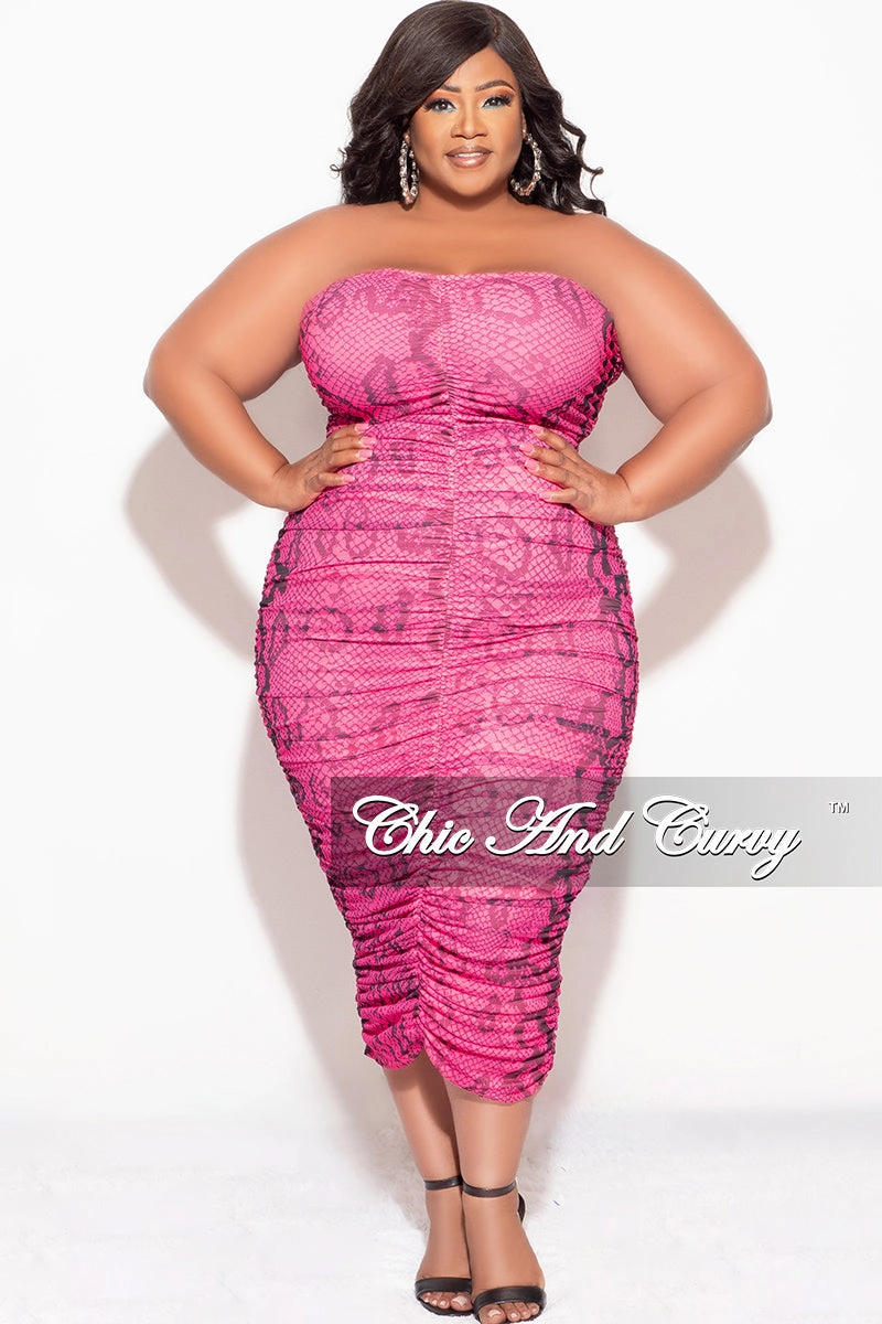 Smart Style Stretchy Material Final Sale Plus Size Strapless Ruched BodyCon Dress in Pink Snake Skin Print