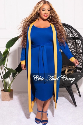 AntiStaticLining Final Sale Plus Size 2pc Set Duster & Tank Tie Dress in Royal Blue & Gold