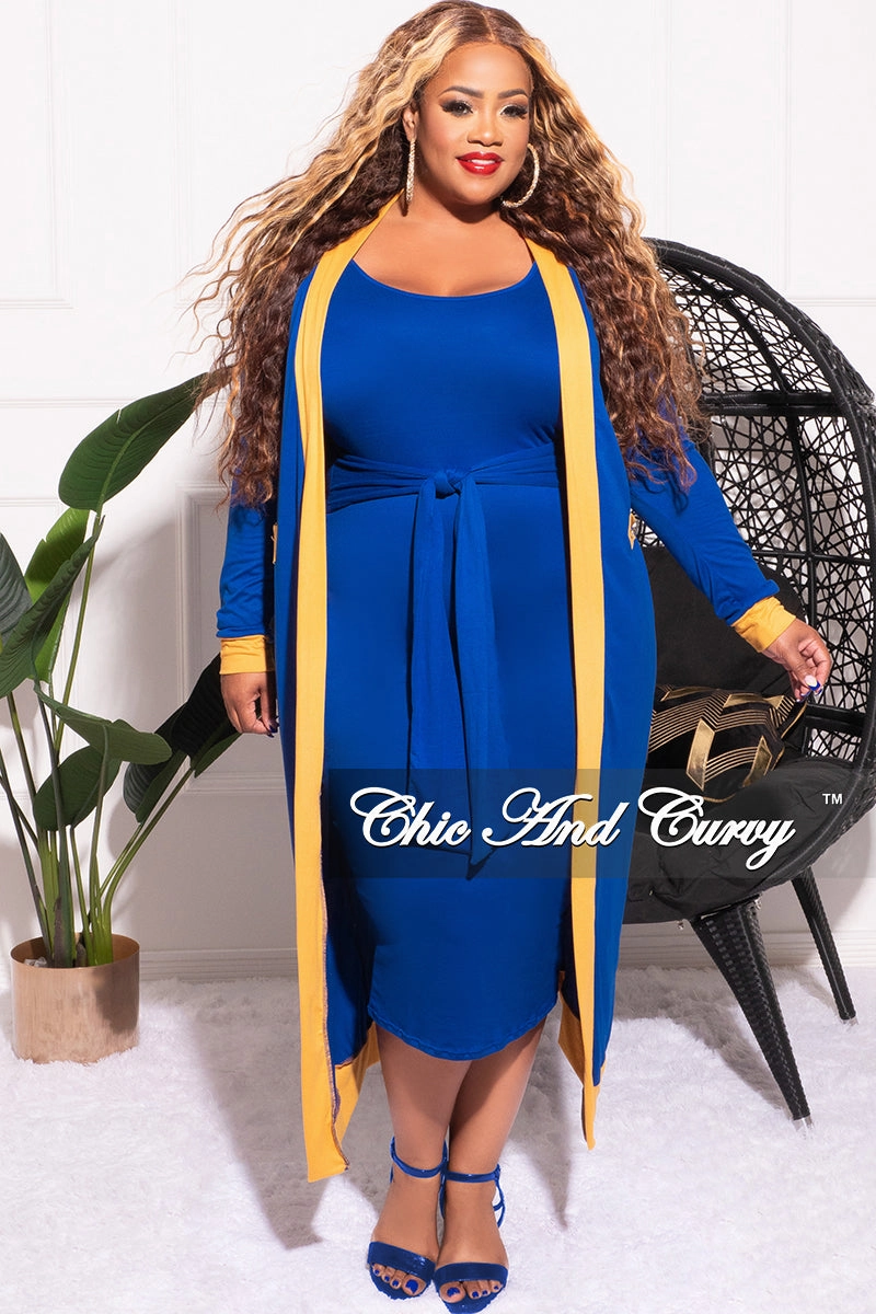 AntiStaticLining Final Sale Plus Size 2pc Set Duster & Tank Tie Dress in Royal Blue & Gold