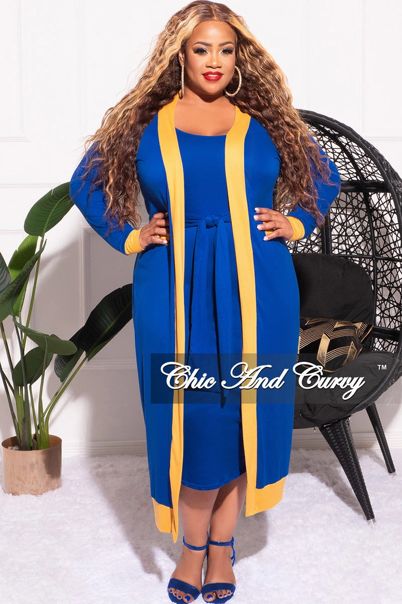 No Irritation Seams FlexFoamPadding Final Sale Plus Size 2pc Set Duster & Tank Tie Dress in Royal Blue & Gold
