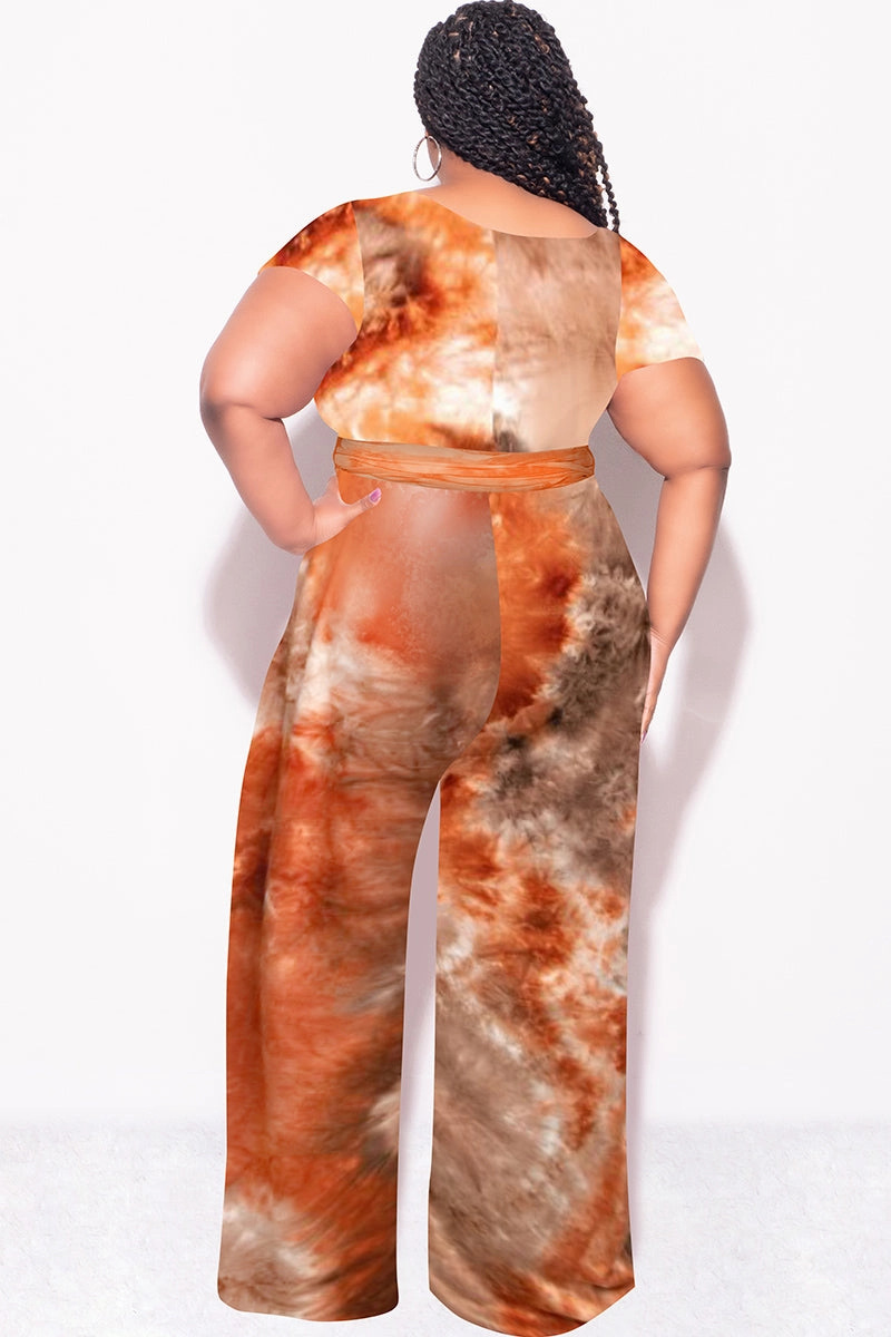 HighRiseWaistband Final Sale Plus Size 2pc Short Sleeve Tie Top and Pants Set in Brown & Rust Tie Dye Print