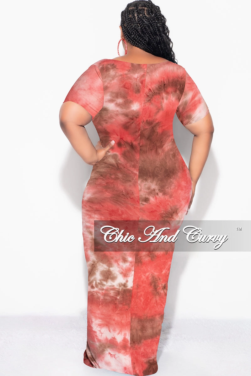 Neutral Fit Final Sale Plus Size Short Sleeve Deep Scoop Neck Maxi Dress in Red & Brown Tie Dye Print
