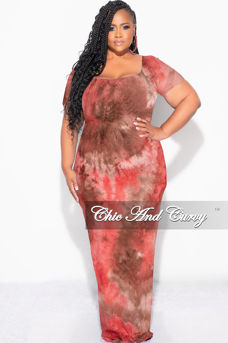Casual Vibe Final Sale Plus Size Short Sleeve Deep Scoop Neck Maxi Dress in Red & Brown Tie Dye Print