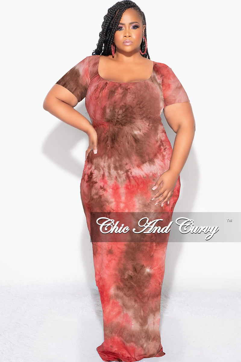 Breathable wear Final Sale Plus Size Short Sleeve Deep Scoop Neck Maxi Dress in Red & Brown Tie Dye Print