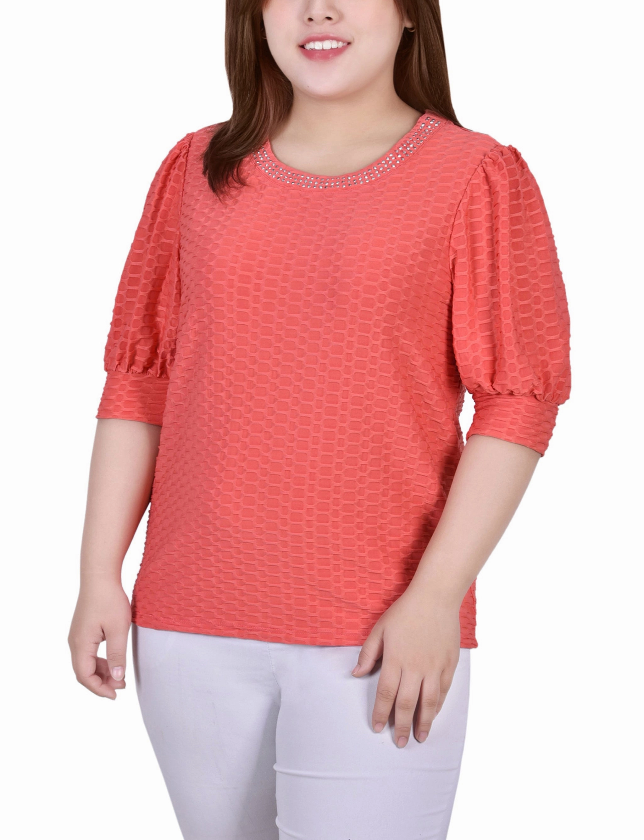 AthleisureCompatible Rubberized grip Plus Size Short Puff Sleeve Honeycomb Top