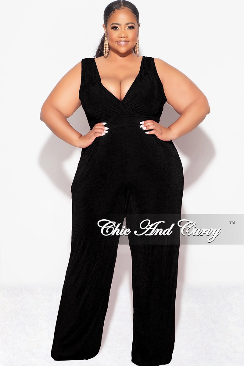 Final Sale Plus Size Sleeveless Faux Wrap Jumpsuit in Black  Slinky Fabric Freedom Move