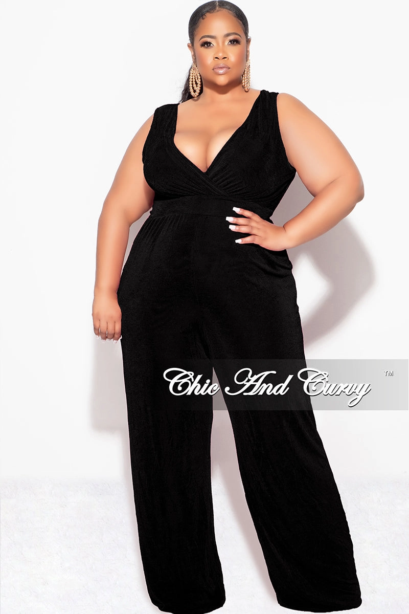 Final Sale Plus Size Sleeveless Faux Wrap Jumpsuit in Black  Slinky Fabric Casual Movement Ultra Soft